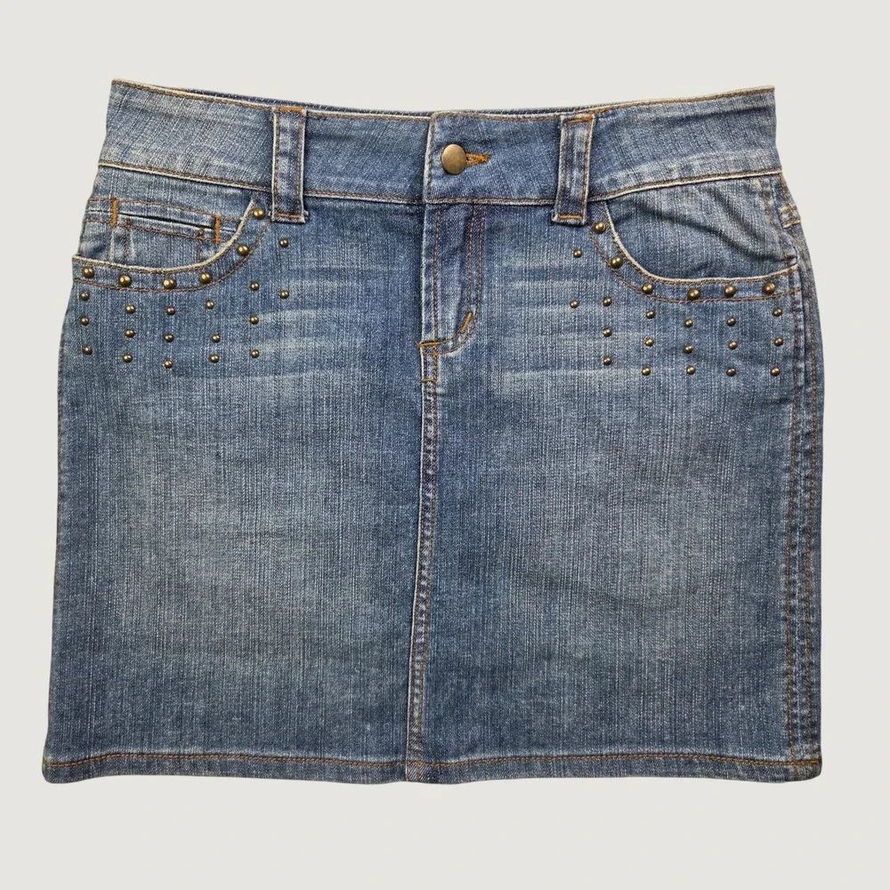 Cache Denim Mini Skirt Women's 4 Blue Vintage Studded Embellished Y2K Festival